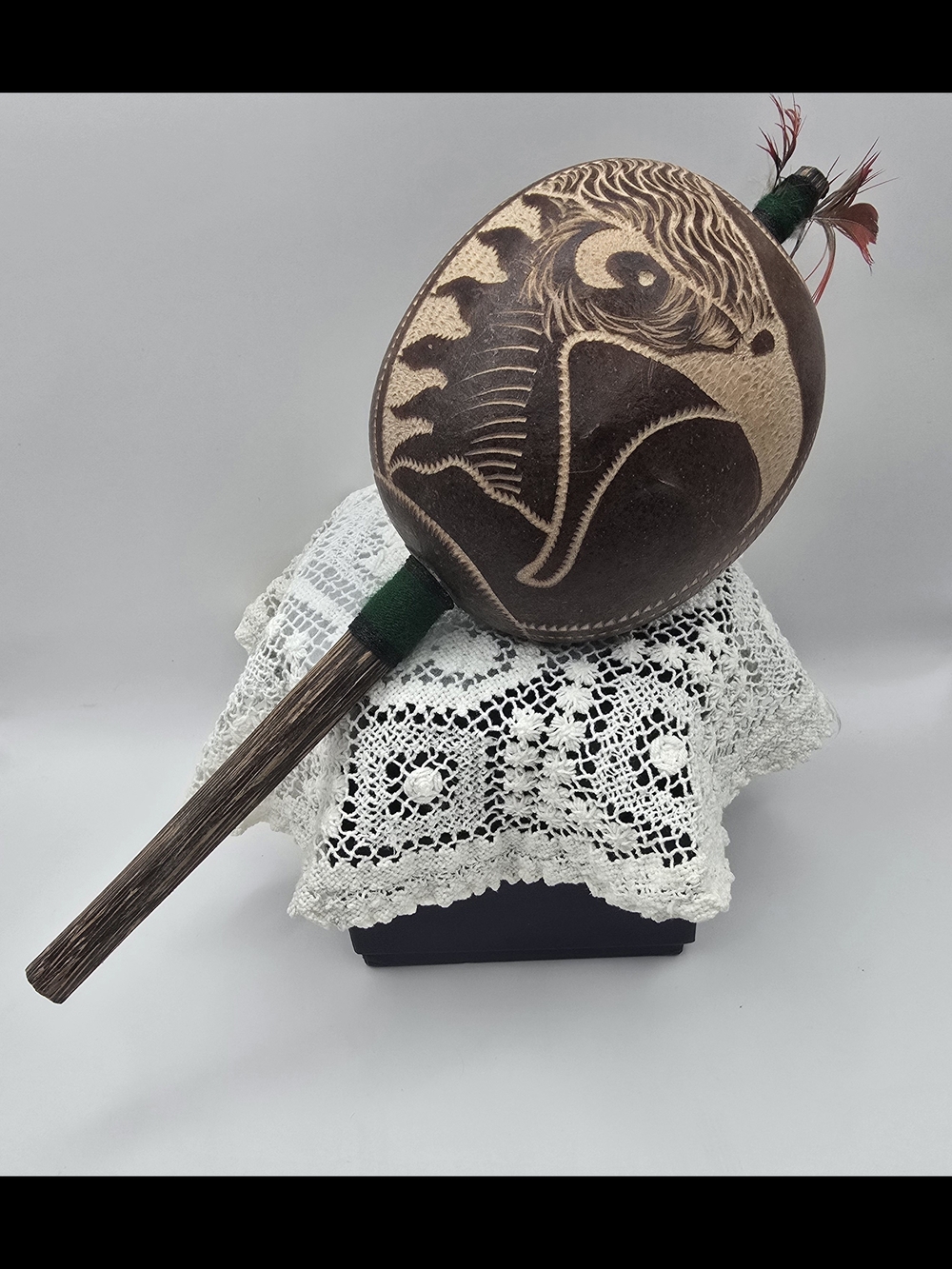 Native American Handcrafted Brown Dance Rattle with Eagle & Rooster Carving
